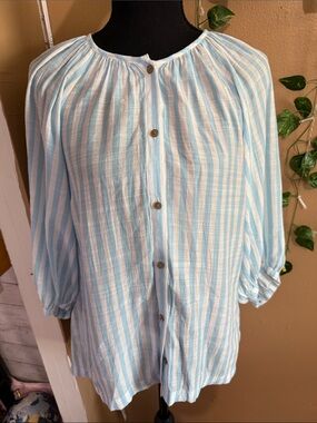 LC Lauren Conrad Light Blue and White Striped Button-Front Shirt